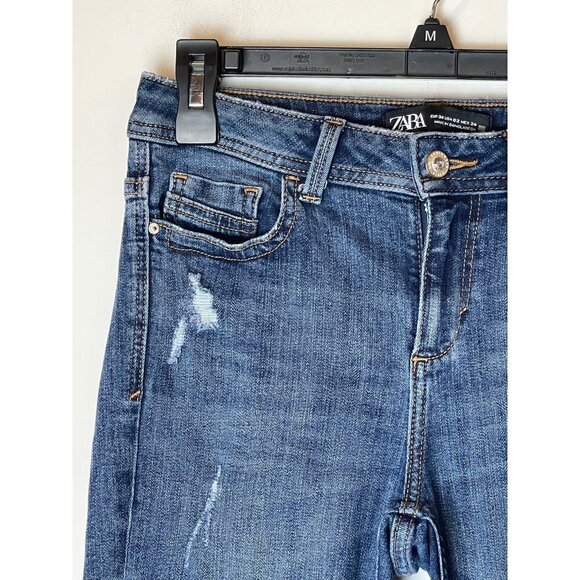 Zara Blue Medium Wash Denim Distressed Raw Cut Hem Skinny Jeans 2 - Picture 4 of 11